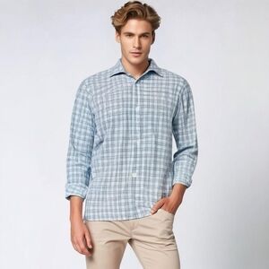 Michael Kors Button Up Shirt Mens Slim Fit Blue Plaid Long Sleeve Dress Shirt